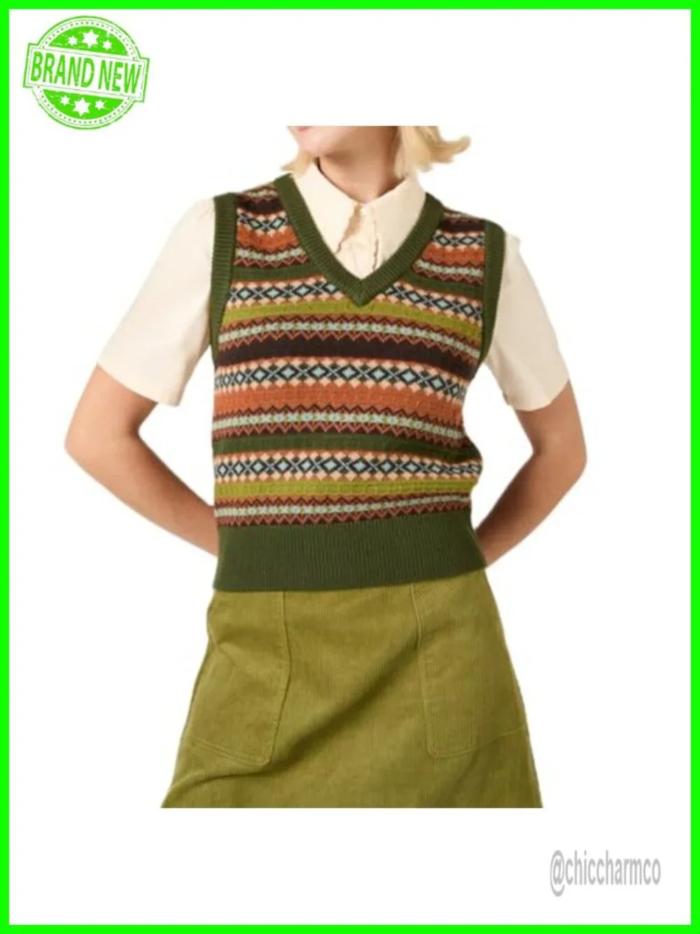 Vintage Knit Crop Sweater Vest Boho Argyle Plaid Pattern Slim Fit Preppy